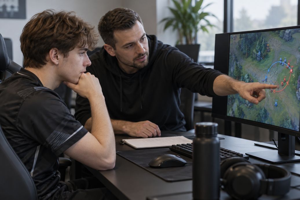 gaming coach and adult player reviewing recorded tactical gameplay